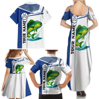 Mahi Mahi Fish Family Matching Summer Maxi Dress and Hawaiian Shirt Nautical Anchors and Wave Splash on White and Blue Split Background - Wonder Print Shop