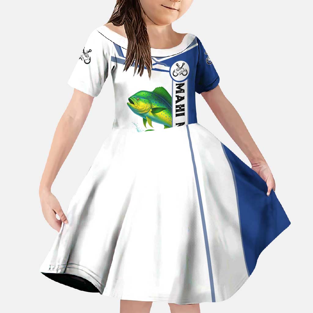 Mahi Mahi Fish Family Matching Tank Maxi Dress and Hawaiian Shirt Nautical Anchors and Wave Splash on White and Blue Split Background - Wonder Print Shop