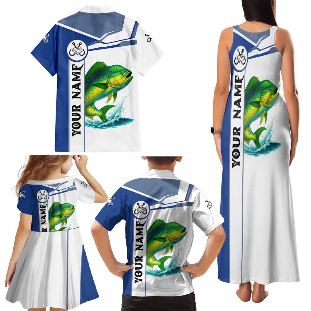 Mahi Mahi Fish Family Matching Tank Maxi Dress and Hawaiian Shirt Nautical Anchors and Wave Splash on White and Blue Split Background - Wonder Print Shop