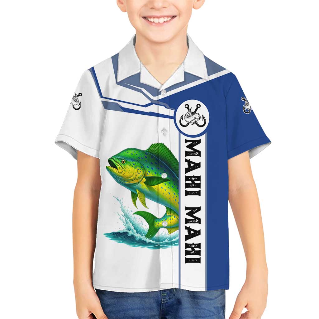 Mahi Mahi Fish Family Matching Tank Maxi Dress and Hawaiian Shirt Nautical Anchors and Wave Splash on White and Blue Split Background - Wonder Print Shop