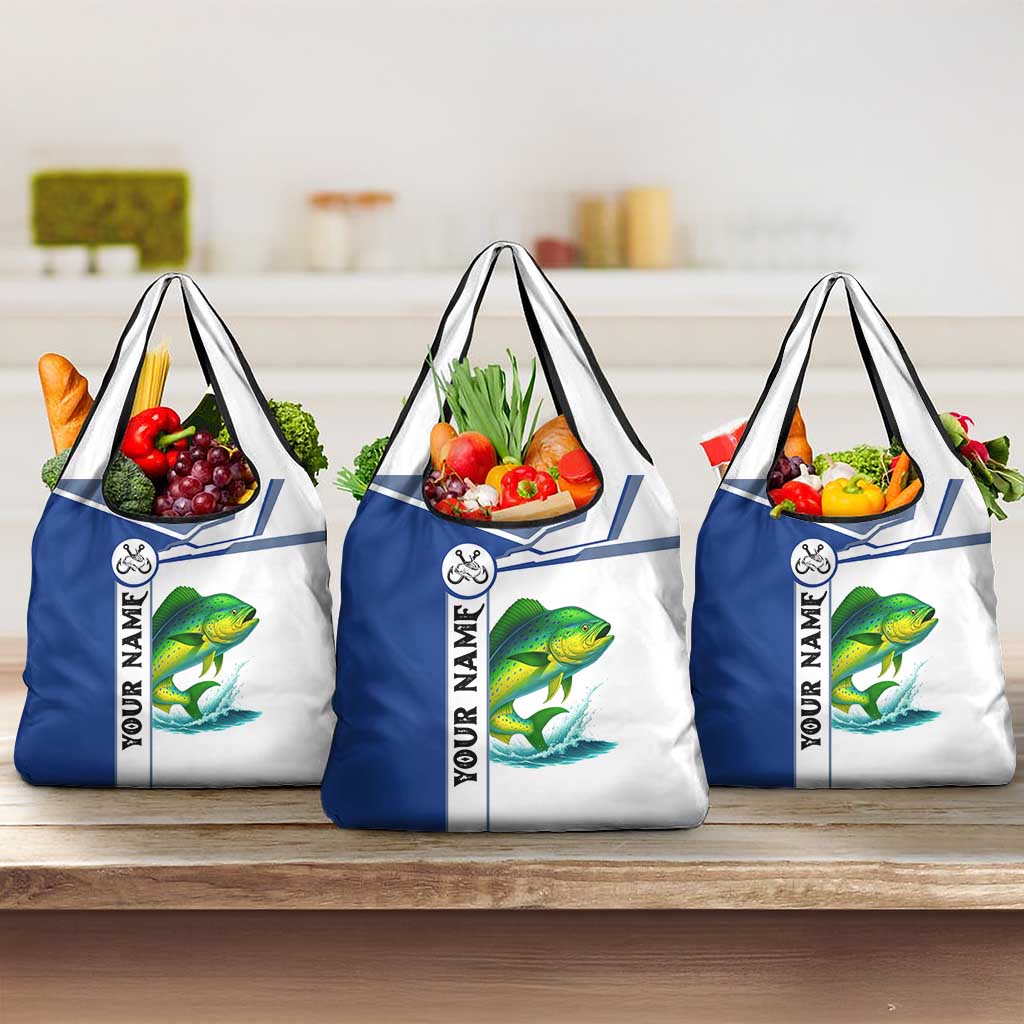 Mahi Mahi Fish Grocery Bag Nautical Anchors and Wave Splash on White and Blue Split Background - Wonder Print Shop