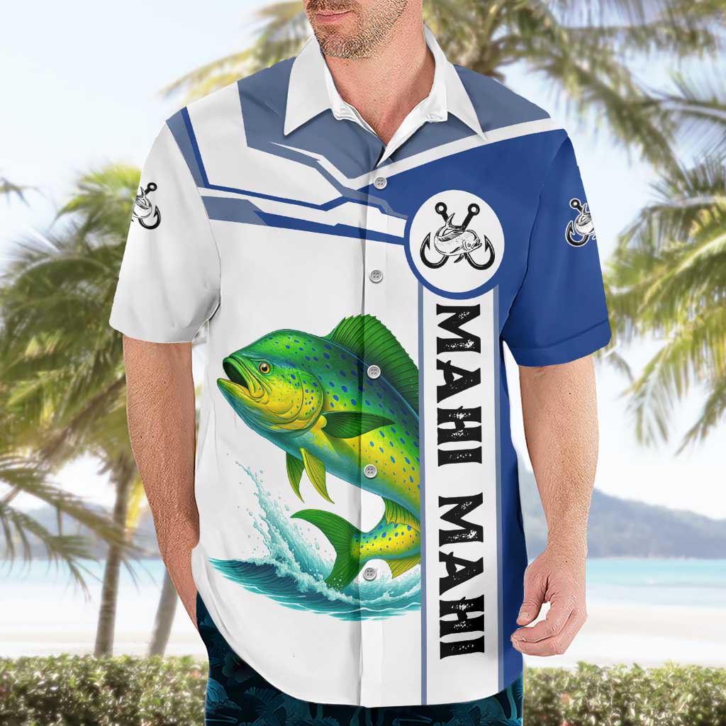 Mahi Mahi Fish Hawaiian Shirt Nautical Anchors and Wave Splash on White and Blue Split Background - Wonder Print Shop