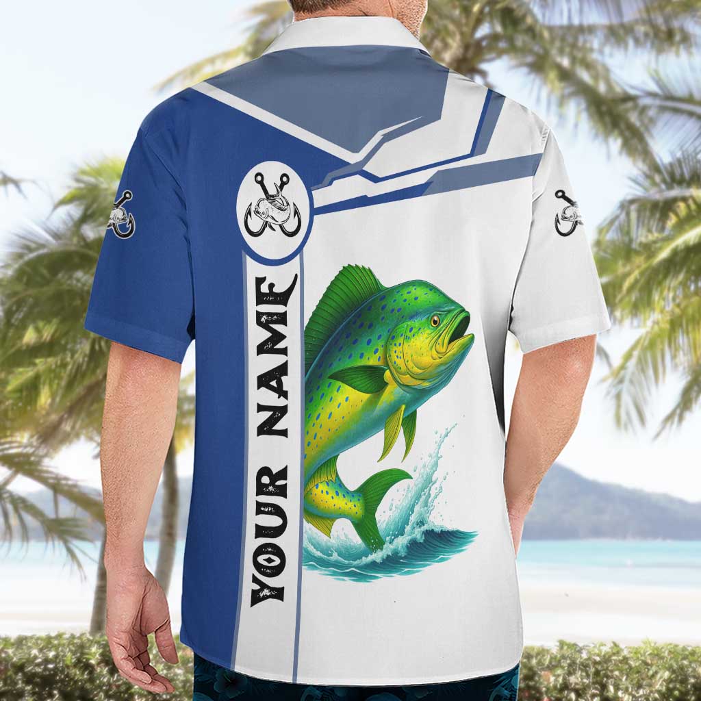 Mahi Mahi Fish Hawaiian Shirt Nautical Anchors and Wave Splash on White and Blue Split Background - Wonder Print Shop