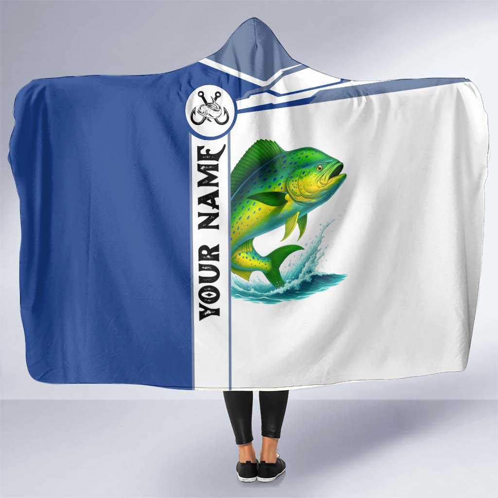 Mahi Mahi Fish Hooded Blanket Nautical Anchors and Wave Splash on White and Blue Split Background - Wonder Print Shop