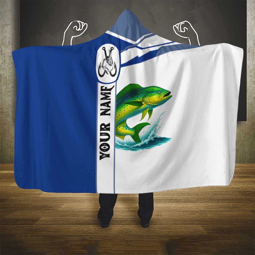 Mahi Mahi Fish Hooded Blanket Nautical Anchors and Wave Splash on White and Blue Split Background - Wonder Print Shop