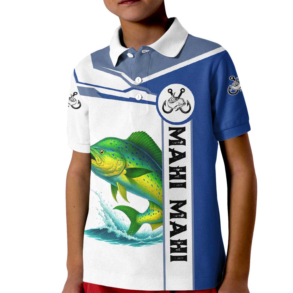 Mahi Mahi Fish Kid Polo Shirt Nautical Anchors and Wave Splash on White and Blue Split Background - Wonder Print Shop