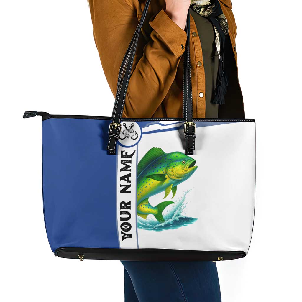 Mahi Mahi Fish Leather Tote Bag Nautical Anchors and Wave Splash on White and Blue Split Background - Wonder Print Shop
