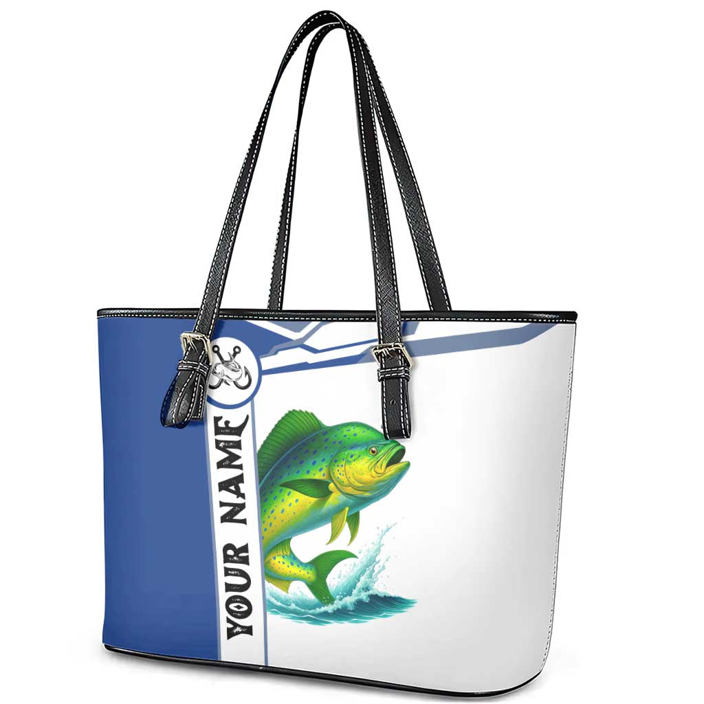 Mahi Mahi Fish Leather Tote Bag Nautical Anchors and Wave Splash on White and Blue Split Background - Wonder Print Shop