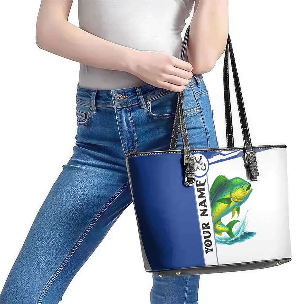 Mahi Mahi Fish Leather Tote Bag Nautical Anchors and Wave Splash on White and Blue Split Background - Wonder Print Shop