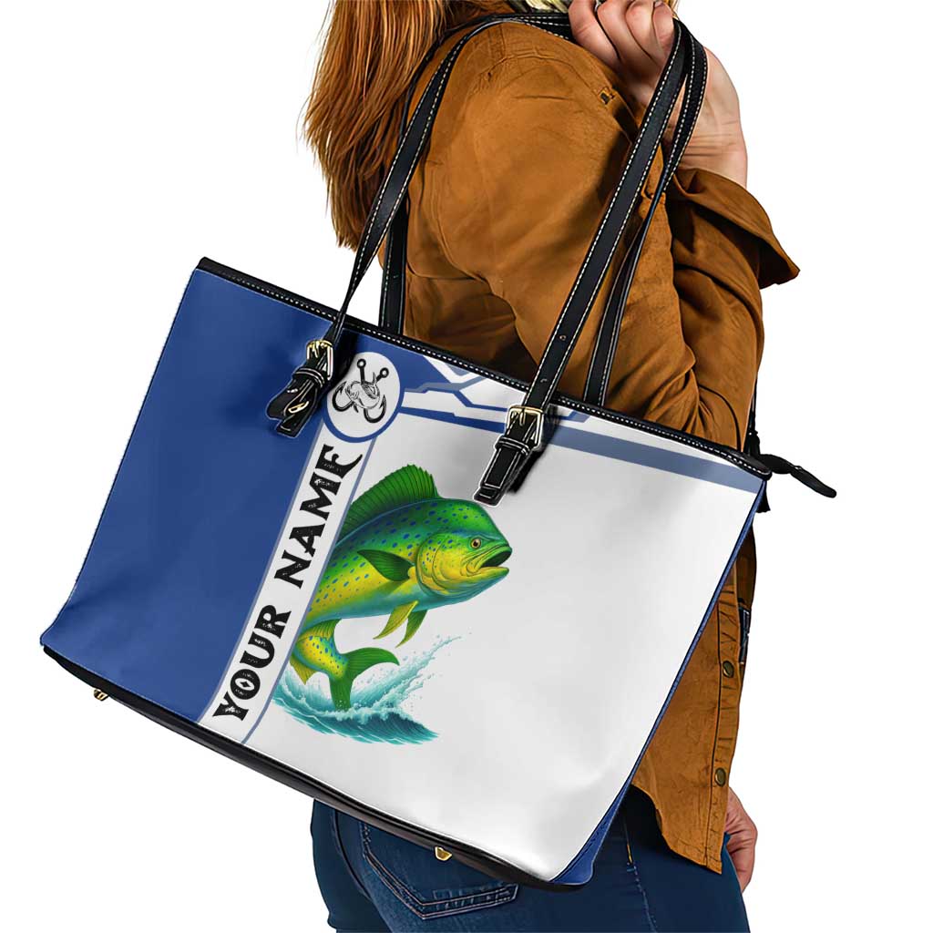 Mahi Mahi Fish Leather Tote Bag Nautical Anchors and Wave Splash on White and Blue Split Background - Wonder Print Shop