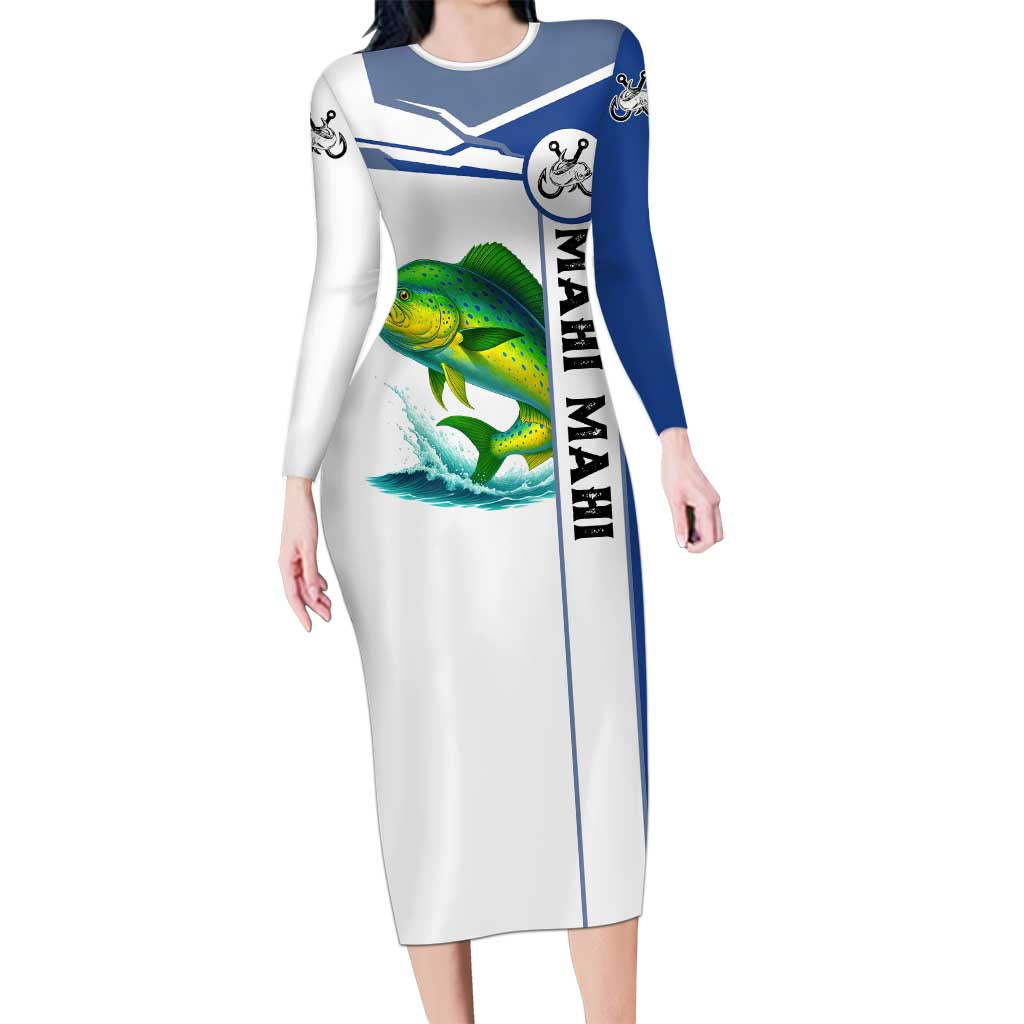 Mahi Mahi Fish Long Sleeve Bodycon Dress Nautical Anchors and Wave Splash on White and Blue Split Background - Wonder Print Shop