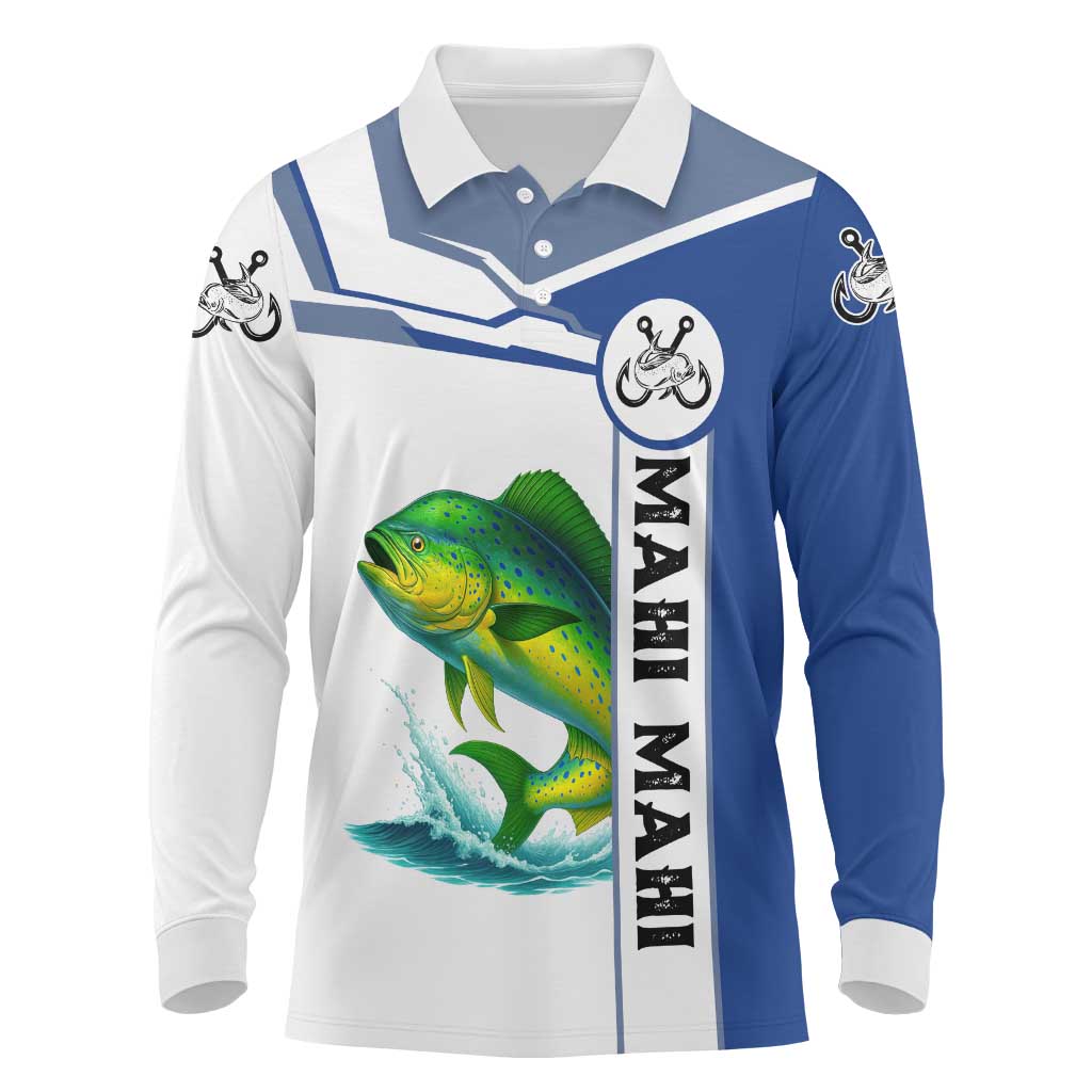 Mahi Mahi Fish Long Sleeve Polo Shirt Nautical Anchors and Wave Splash on White and Blue Split Background - Wonder Print Shop
