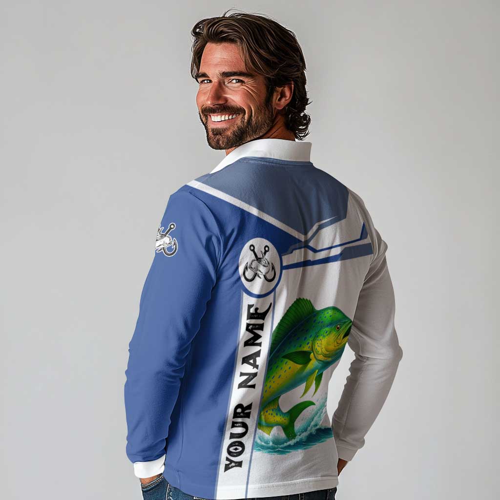 Mahi Mahi Fish Long Sleeve Polo Shirt Nautical Anchors and Wave Splash on White and Blue Split Background - Wonder Print Shop