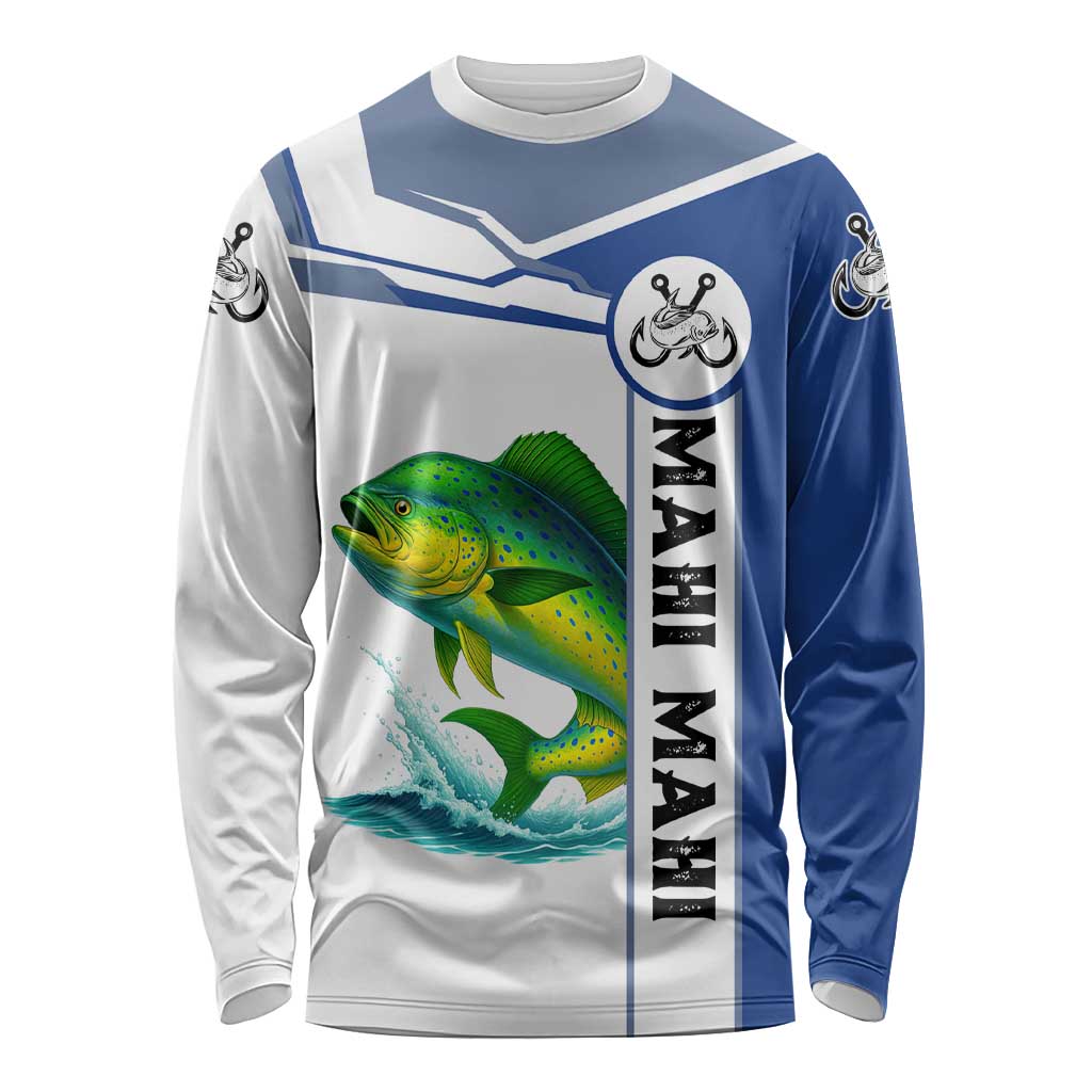 Mahi Mahi Fish Long Sleeve Shirt Nautical Anchors and Wave Splash on White and Blue Split Background - Wonder Print Shop