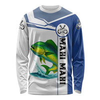 Mahi Mahi Fish Long Sleeve Shirt Nautical Anchors and Wave Splash on White and Blue Split Background - Wonder Print Shop