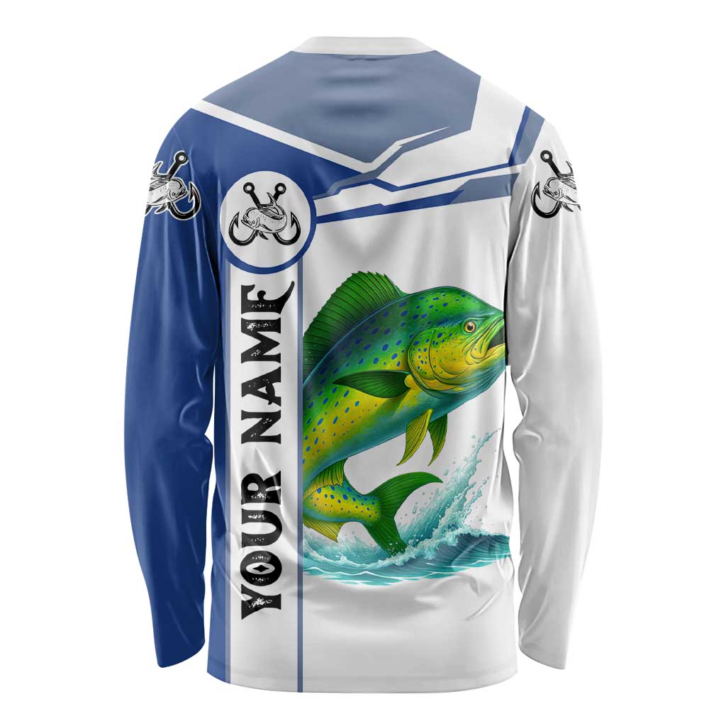 Mahi Mahi Fish Long Sleeve Shirt Nautical Anchors and Wave Splash on White and Blue Split Background - Wonder Print Shop