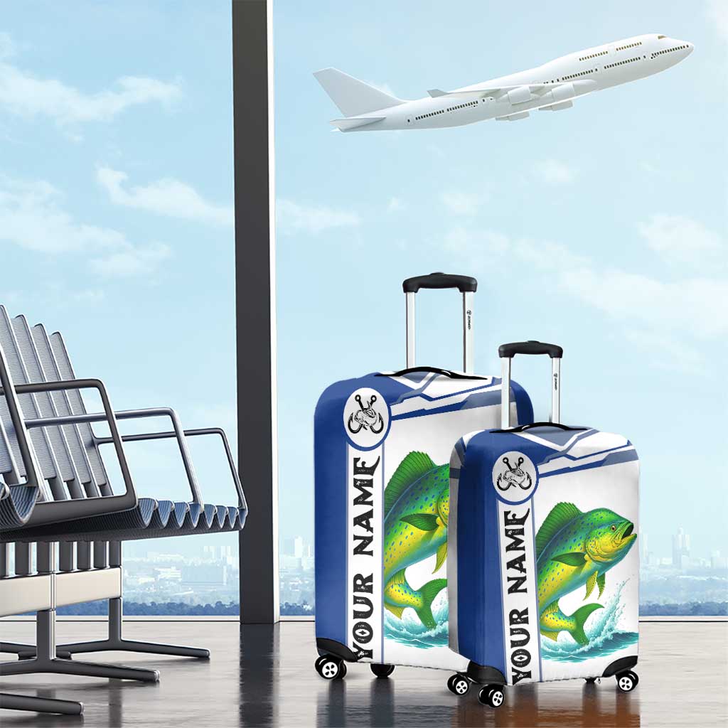 Mahi Mahi Fish Luggage Cover Nautical Anchors and Wave Splash on White and Blue Split Background - Wonder Print Shop