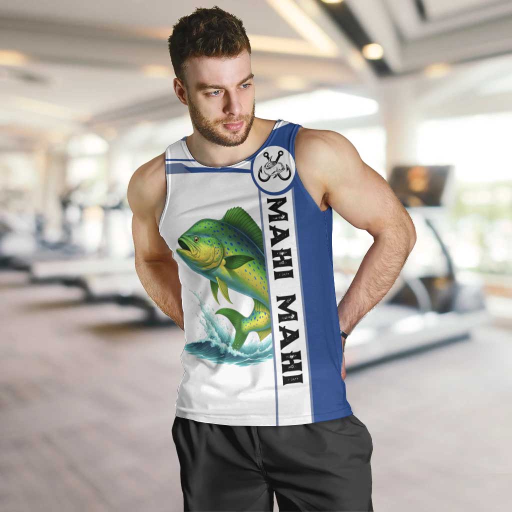 Mahi Mahi Fish Men Tank Top Nautical Anchors and Wave Splash on White and Blue Split Background - Wonder Print Shop