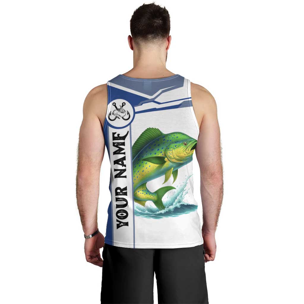 Mahi Mahi Fish Men Tank Top Nautical Anchors and Wave Splash on White and Blue Split Background - Wonder Print Shop