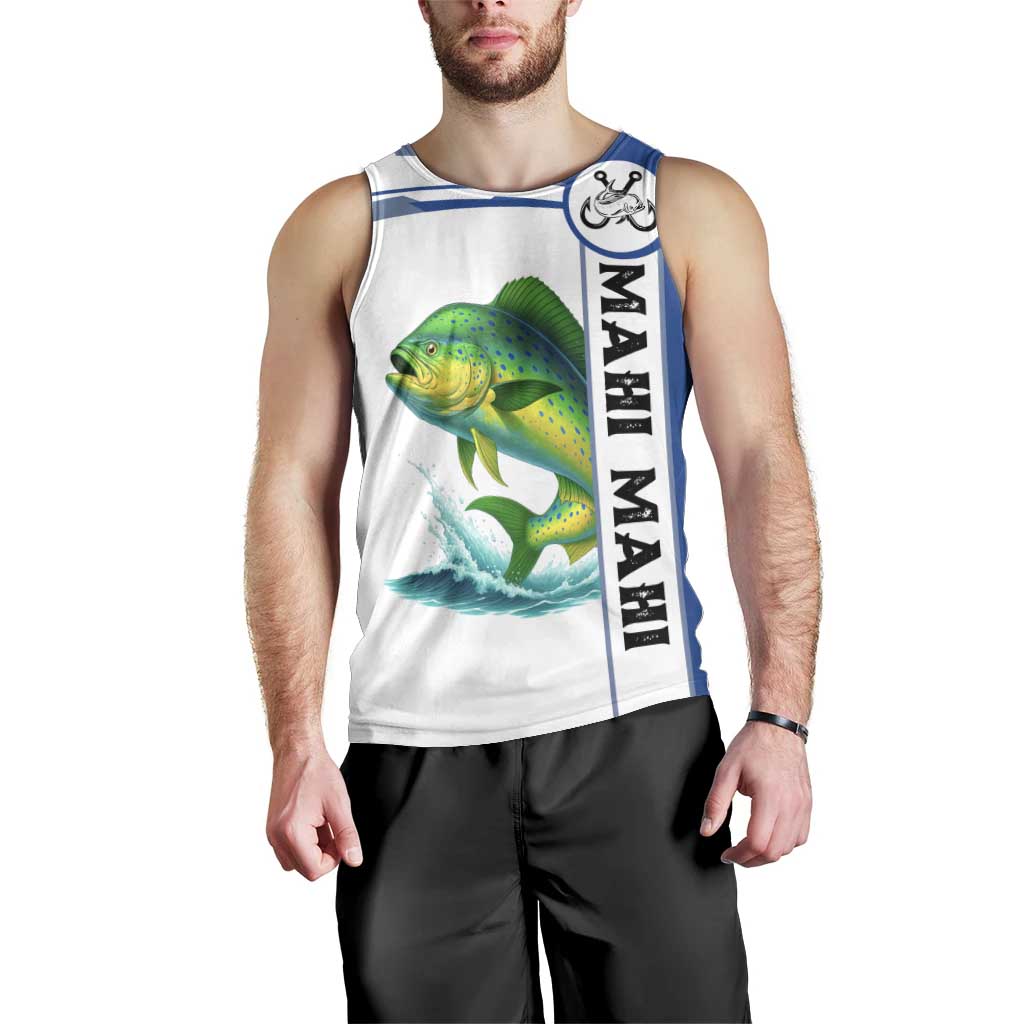 Mahi Mahi Fish Men Tank Top Nautical Anchors and Wave Splash on White and Blue Split Background - Wonder Print Shop