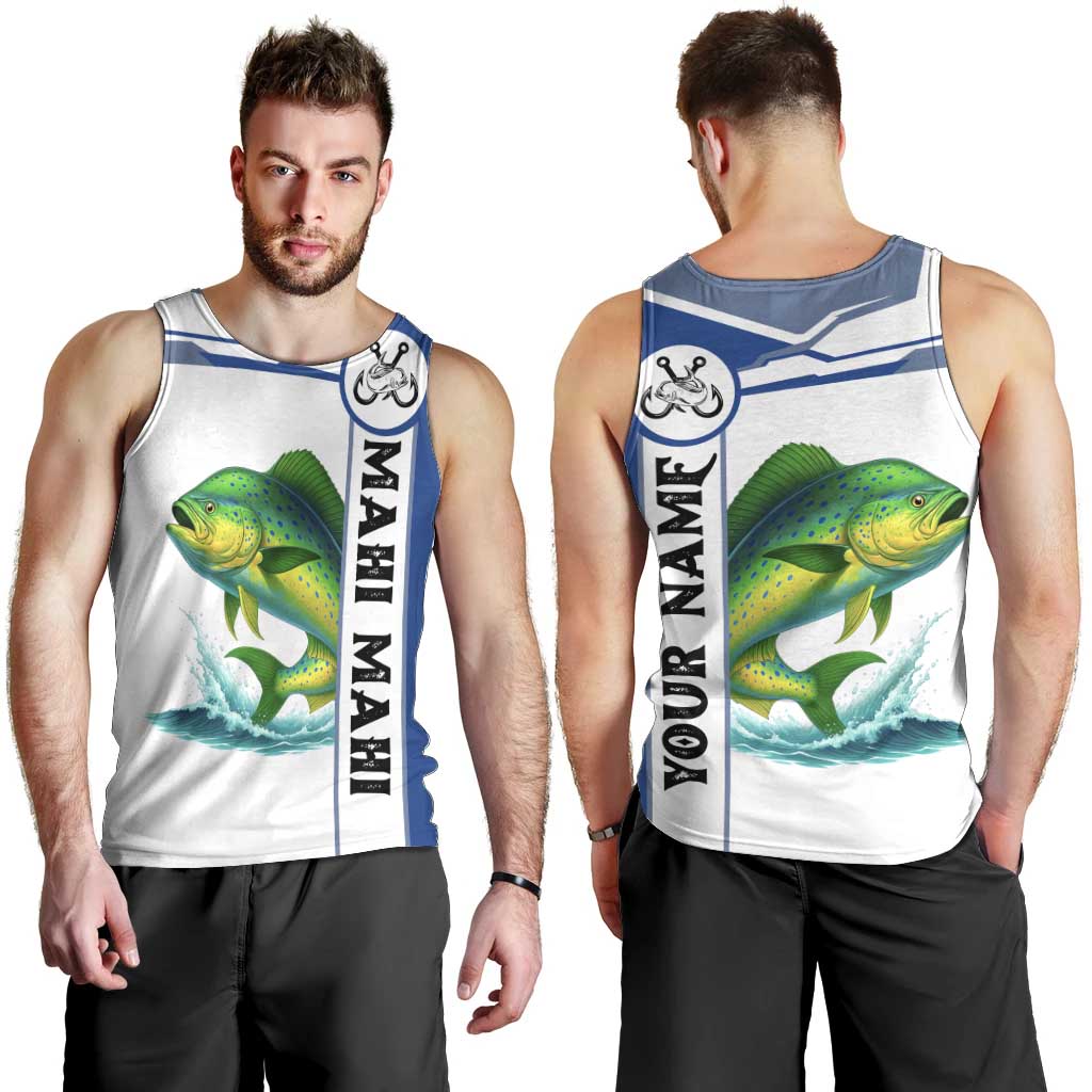 Mahi Mahi Fish Men Tank Top Nautical Anchors and Wave Splash on White and Blue Split Background - Wonder Print Shop