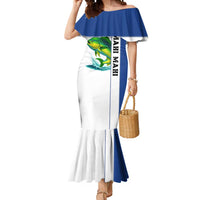Mahi Mahi Fish Mermaid Dress Nautical Anchors and Wave Splash on White and Blue Split Background - Wonder Print Shop