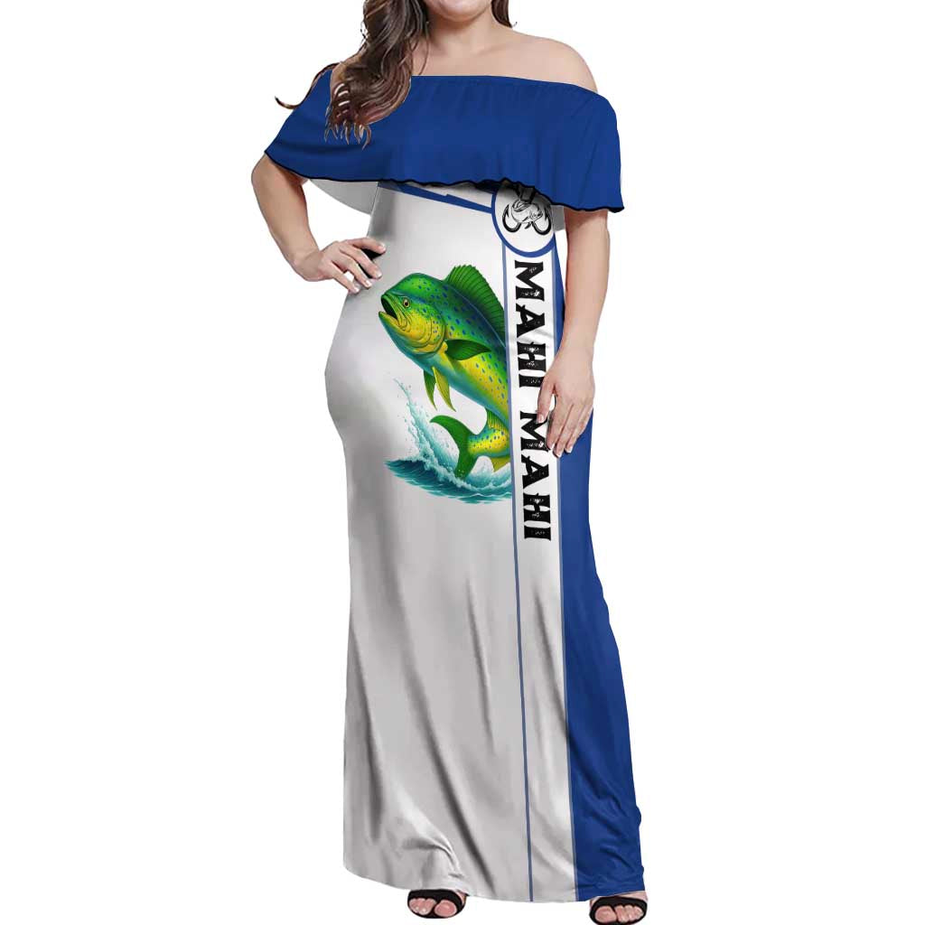 Mahi Mahi Fish Off Shoulder Maxi Dress Nautical Anchors and Wave Splash on White and Blue Split Background - Wonder Print Shop