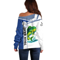 Mahi Mahi Fish Off Shoulder Sweater Nautical Anchors and Wave Splash on White and Blue Split Background - Wonder Print Shop