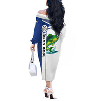 Mahi Mahi Fish Off The Shoulder Long Sleeve Dress Nautical Anchors and Wave Splash on White and Blue Split Background - Wonder Print Shop