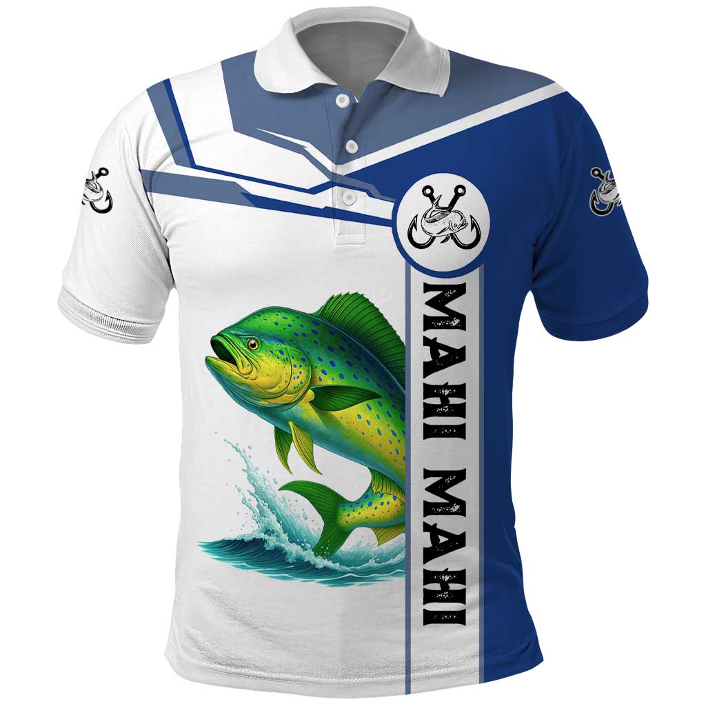Mahi Mahi Fish Polo Shirt Nautical Anchors and Wave Splash on White and Blue Split Background - Wonder Print Shop