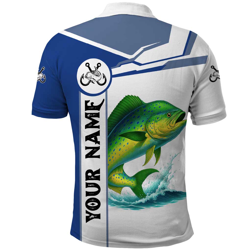 Mahi Mahi Fish Polo Shirt Nautical Anchors and Wave Splash on White and Blue Split Background - Wonder Print Shop