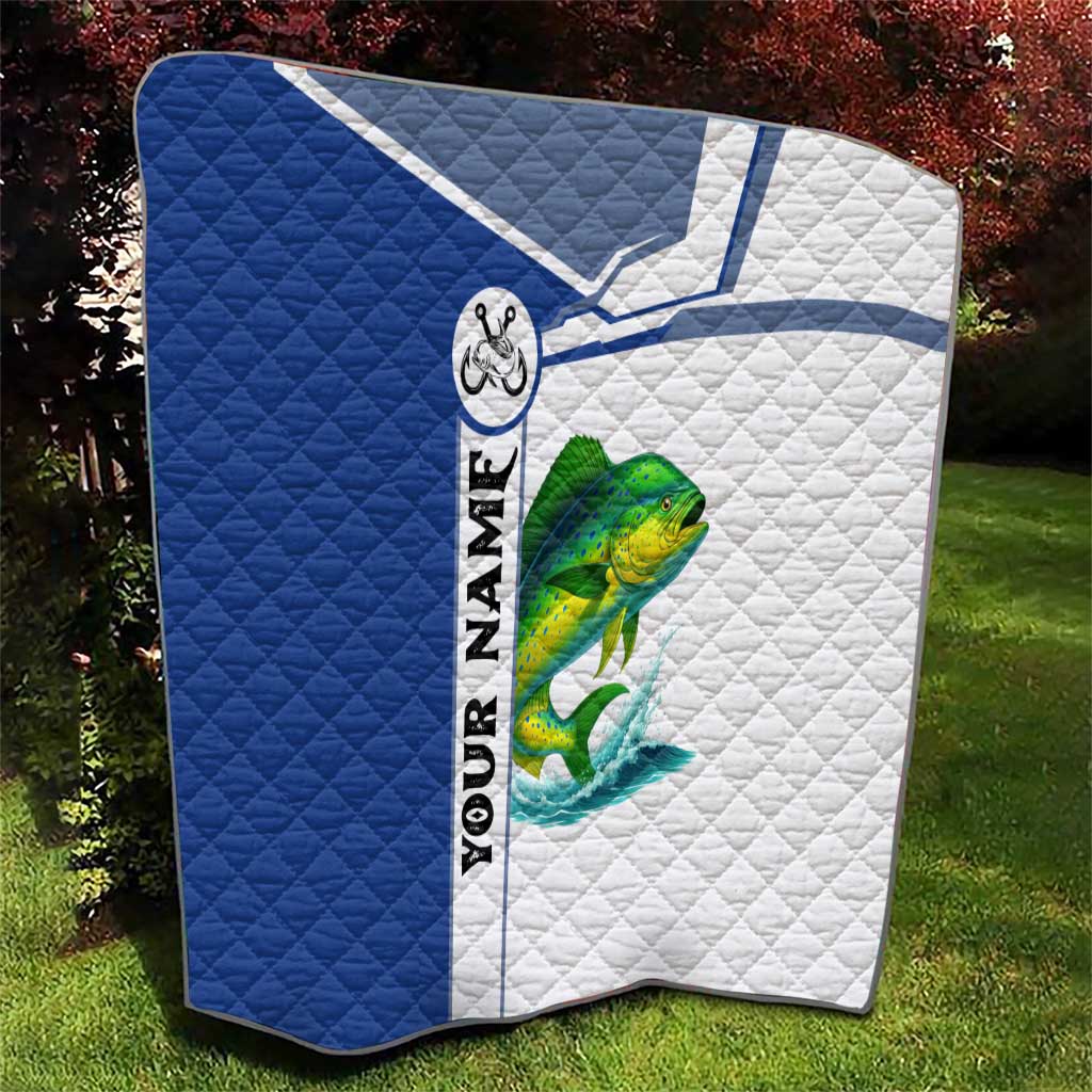 Mahi Mahi Fish Quilt Nautical Anchors and Wave Splash on White and Blue Split Background - Wonder Print Shop