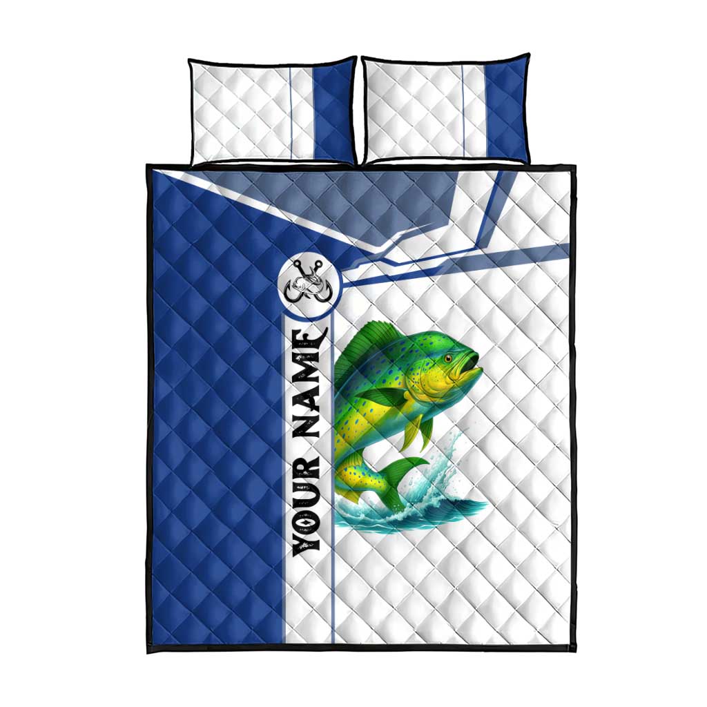 Mahi Mahi Fish Quilt Bed Set Nautical Anchors and Wave Splash on White and Blue Split Background - Wonder Print Shop