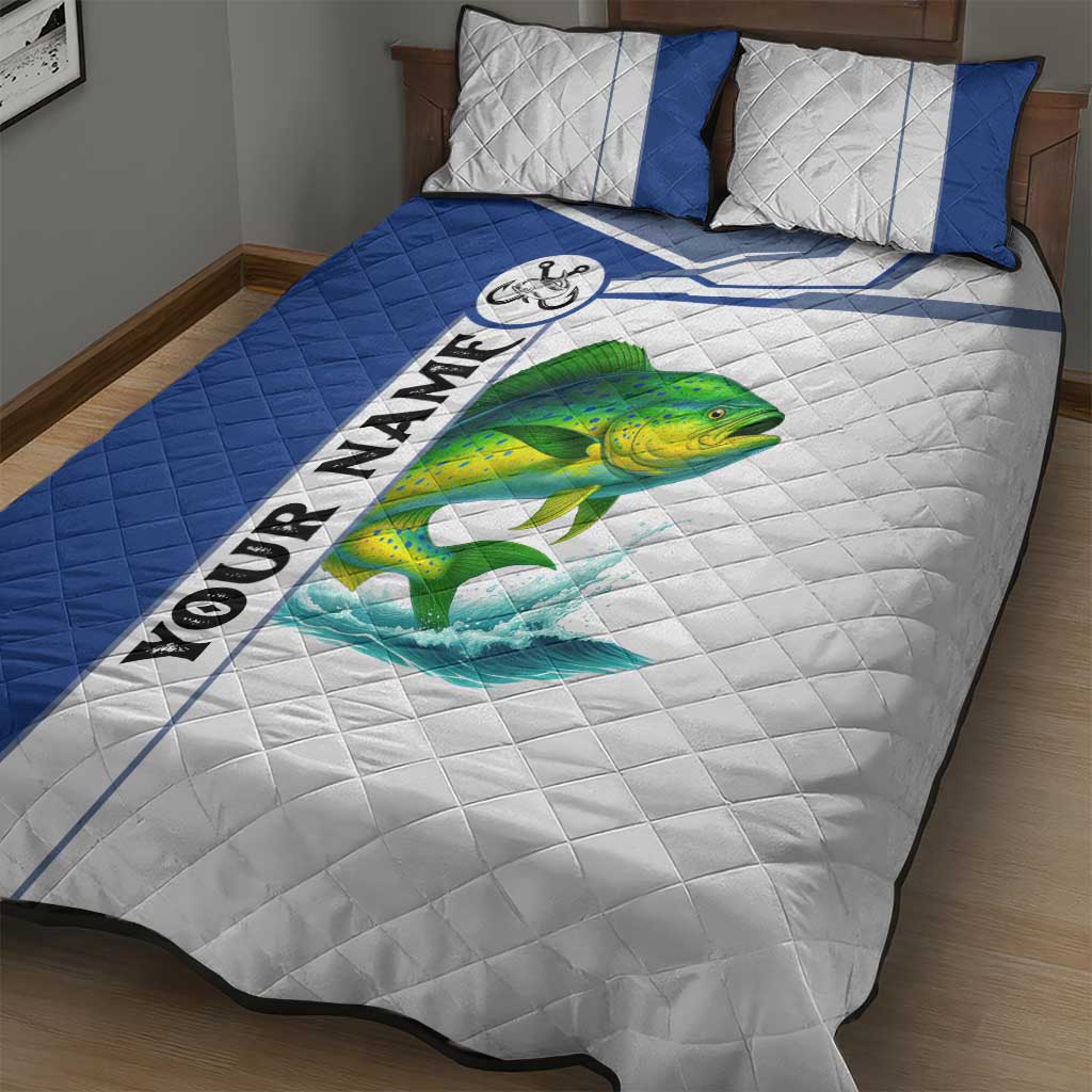 Mahi Mahi Fish Quilt Bed Set Nautical Anchors and Wave Splash on White and Blue Split Background - Wonder Print Shop