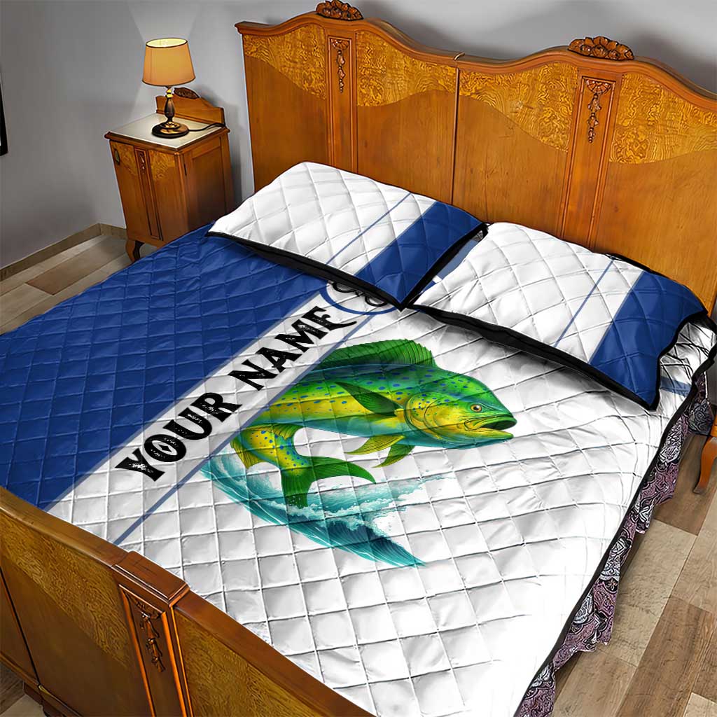 Mahi Mahi Fish Quilt Bed Set Nautical Anchors and Wave Splash on White and Blue Split Background - Wonder Print Shop