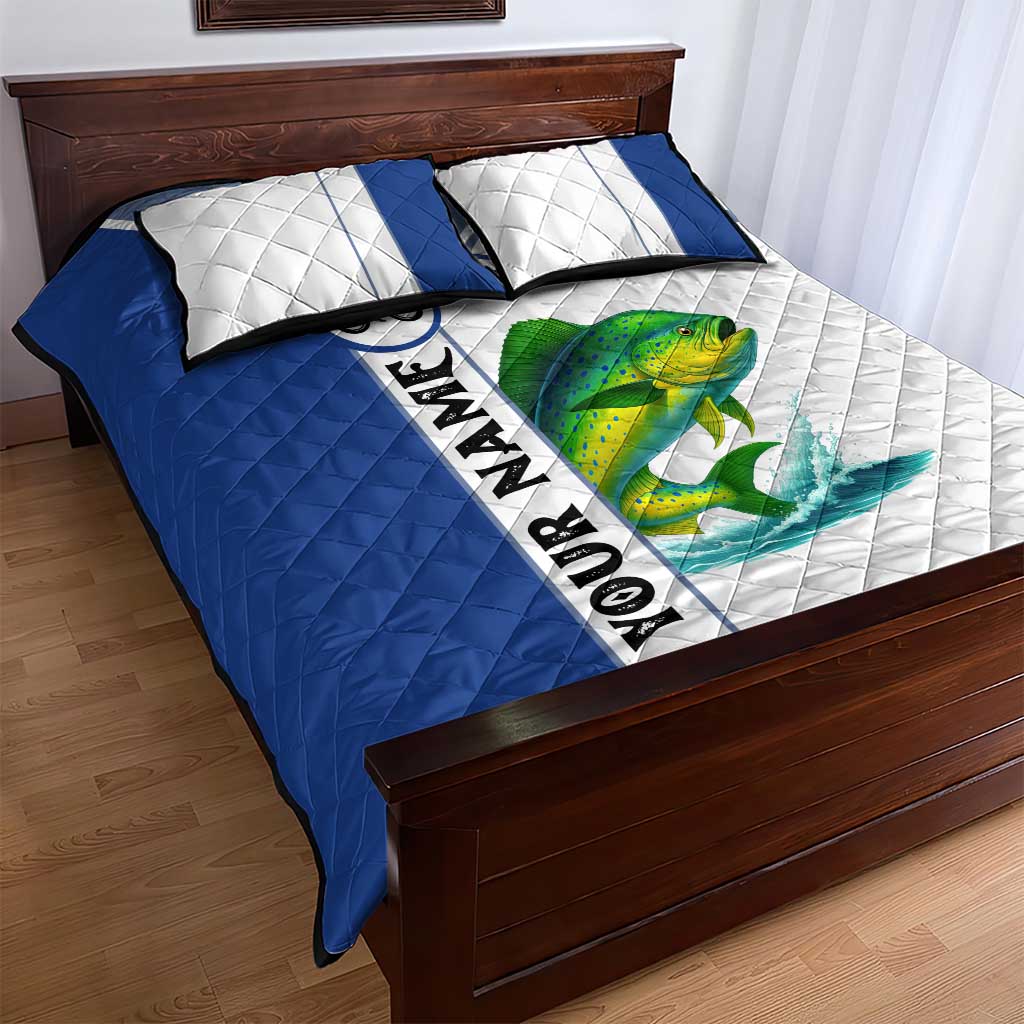 Mahi Mahi Fish Quilt Bed Set Nautical Anchors and Wave Splash on White and Blue Split Background - Wonder Print Shop