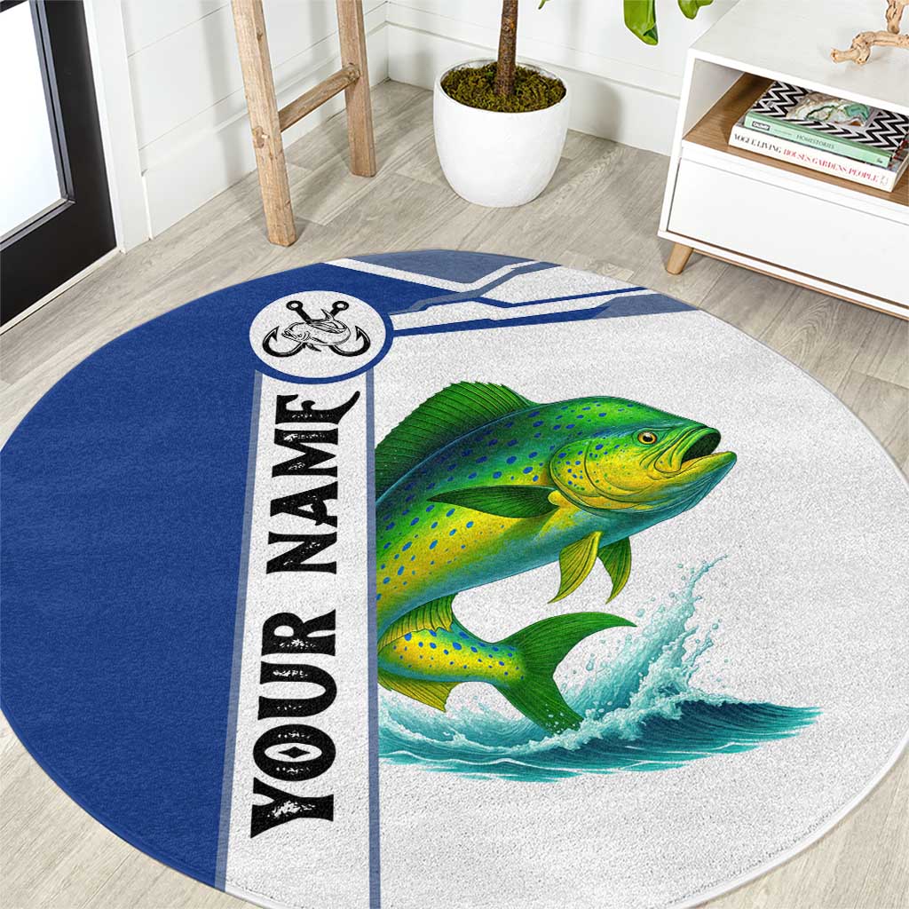 Mahi Mahi Fish Round Carpet Nautical Anchors and Wave Splash on White and Blue Split Background - Wonder Print Shop