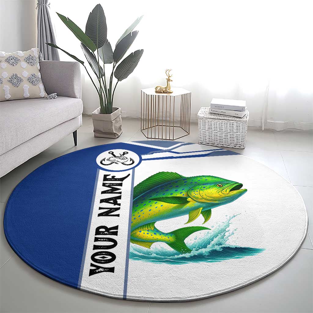 Mahi Mahi Fish Round Carpet Nautical Anchors and Wave Splash on White and Blue Split Background - Wonder Print Shop