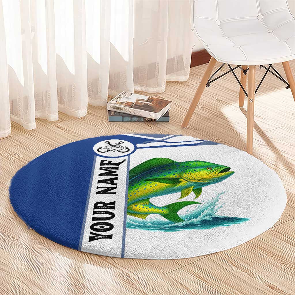 Mahi Mahi Fish Round Carpet Nautical Anchors and Wave Splash on White and Blue Split Background - Wonder Print Shop