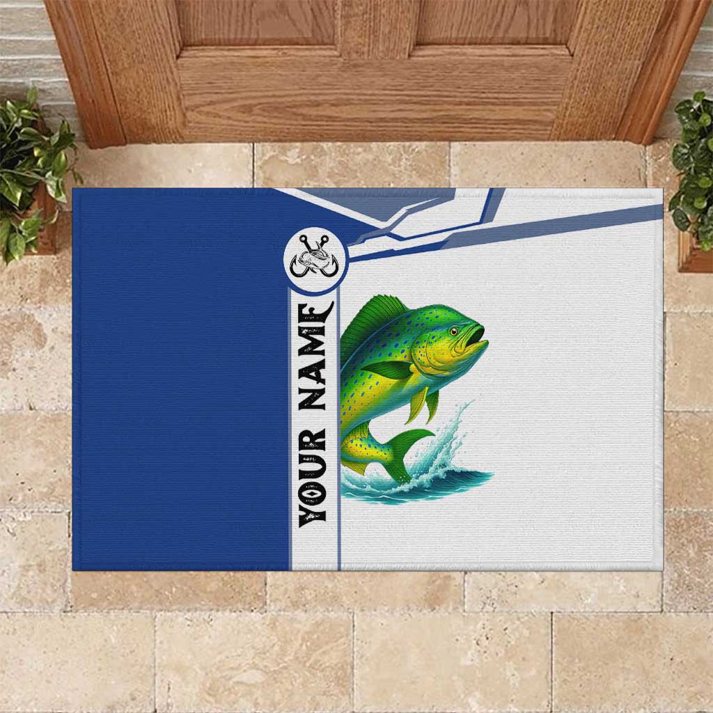 Mahi Mahi Fish Rubber Doormat Nautical Anchors and Wave Splash on White and Blue Split Background - Wonder Print Shop
