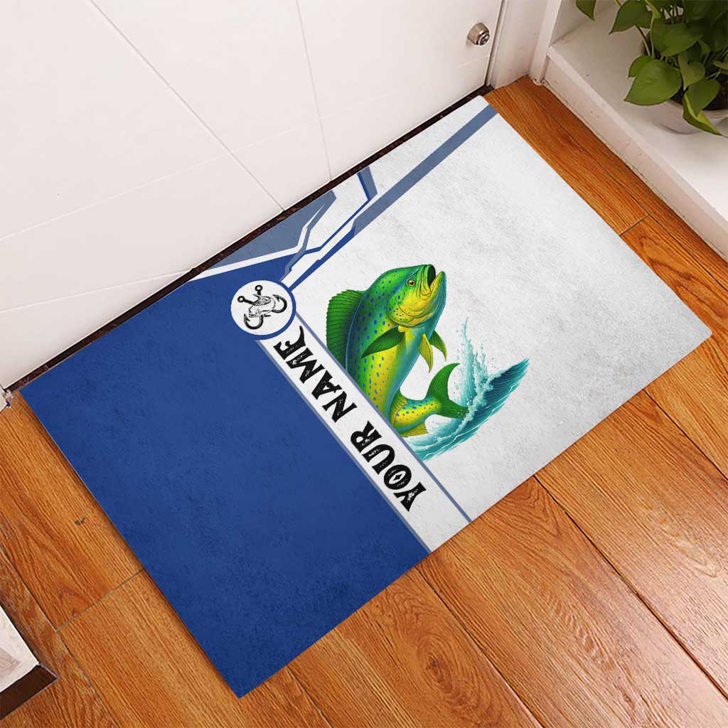 Mahi Mahi Fish Rubber Doormat Nautical Anchors and Wave Splash on White and Blue Split Background - Wonder Print Shop