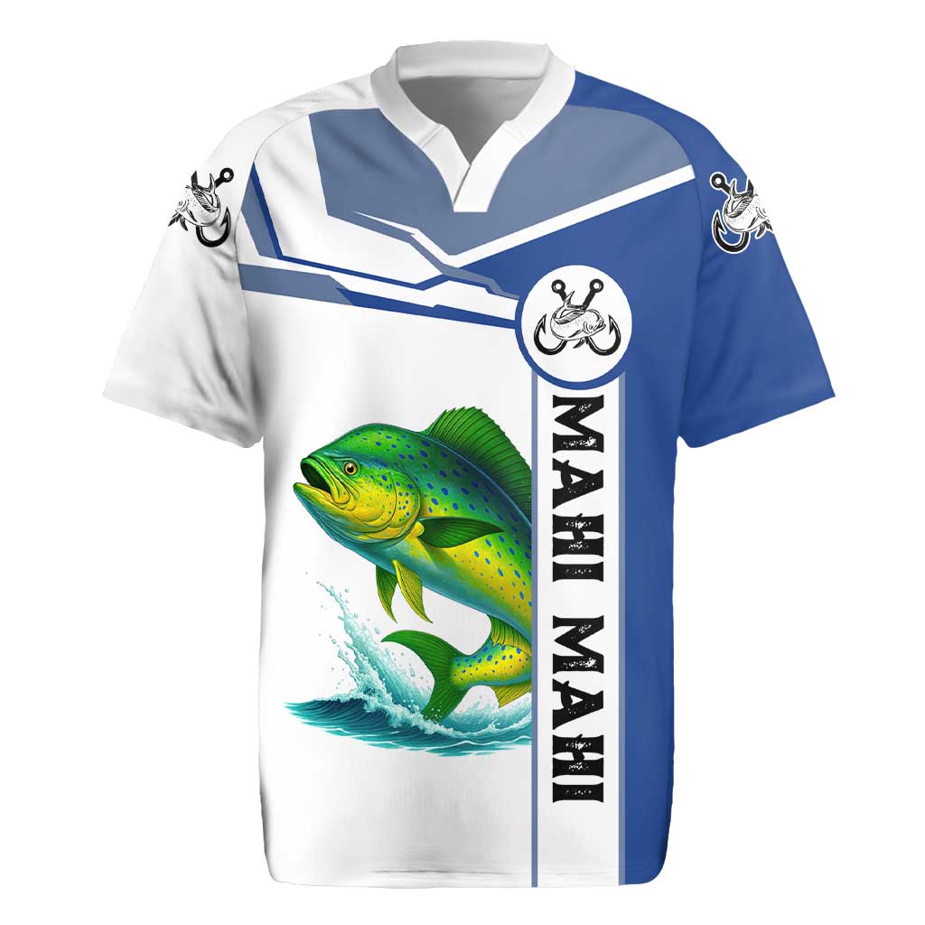Mahi Mahi Fish Rugby Jersey Nautical Anchors and Wave Splash on White and Blue Split Background - Wonder Print Shop