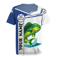 Mahi Mahi Fish Rugby Jersey Nautical Anchors and Wave Splash on White and Blue Split Background - Wonder Print Shop