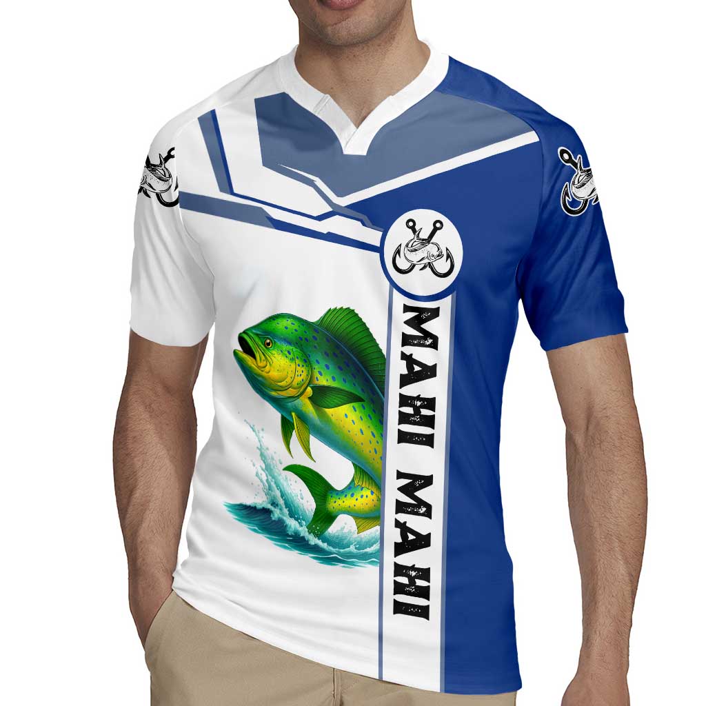 Mahi Mahi Fish Rugby Jersey Nautical Anchors and Wave Splash on White and Blue Split Background - Wonder Print Shop