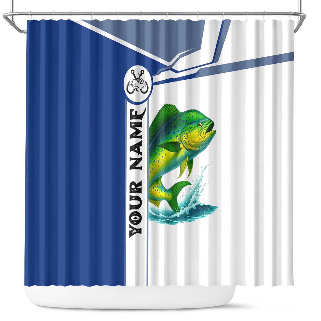 Mahi Mahi Fish Shower Curtain Nautical Anchors and Wave Splash on White and Blue Split Background - Wonder Print Shop