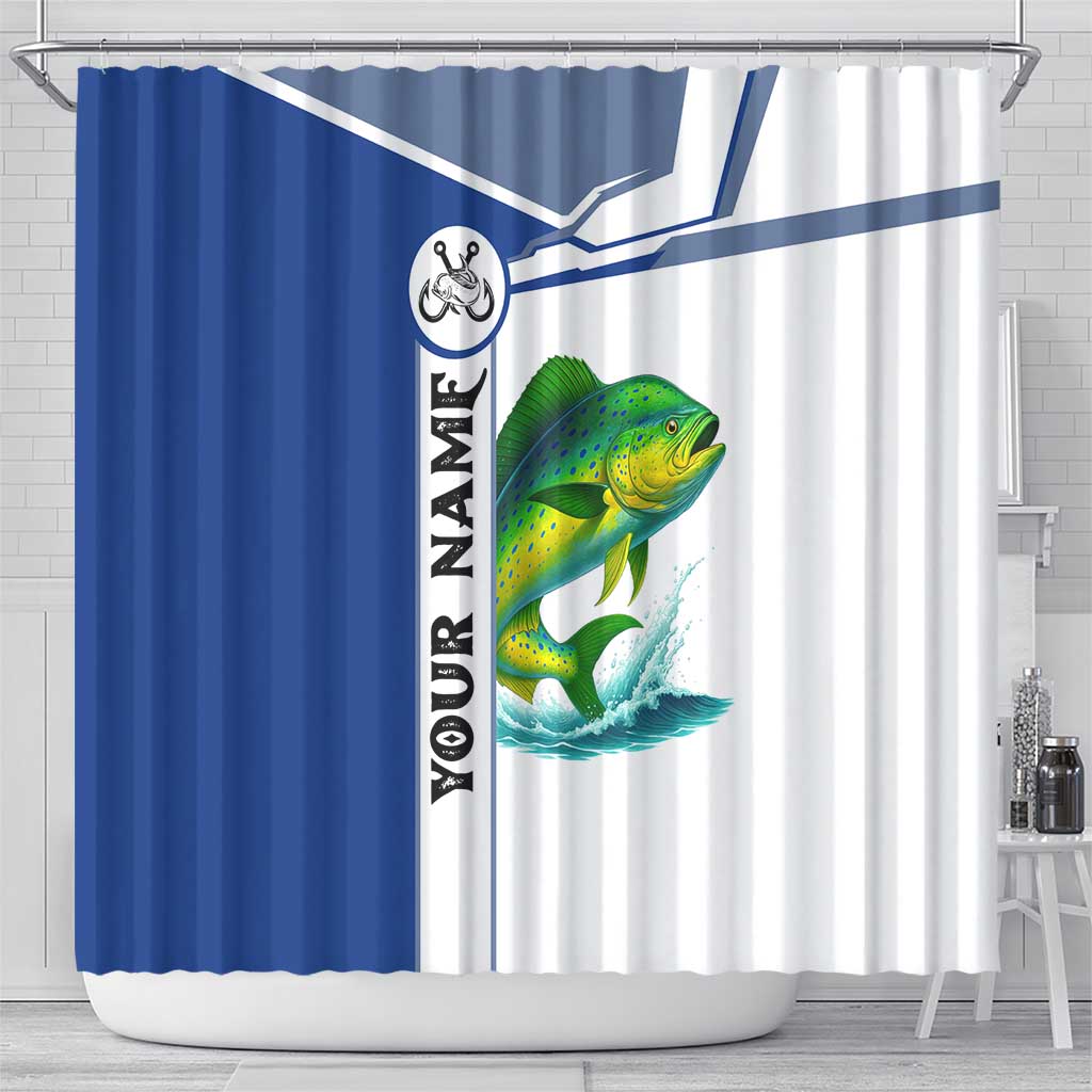 Mahi Mahi Fish Shower Curtain Nautical Anchors and Wave Splash on White and Blue Split Background - Wonder Print Shop