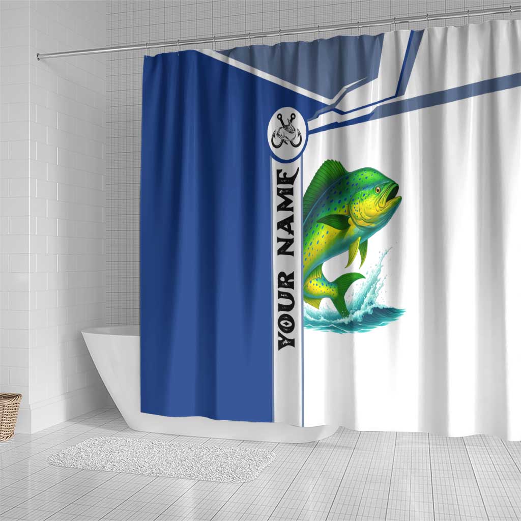 Mahi Mahi Fish Shower Curtain Nautical Anchors and Wave Splash on White and Blue Split Background - Wonder Print Shop