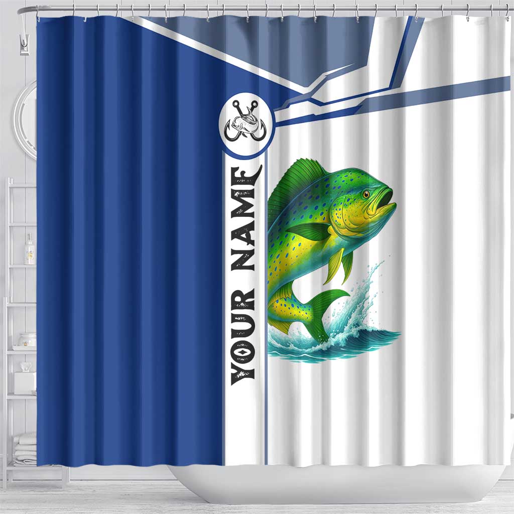 Mahi Mahi Fish Shower Curtain Nautical Anchors and Wave Splash on White and Blue Split Background - Wonder Print Shop