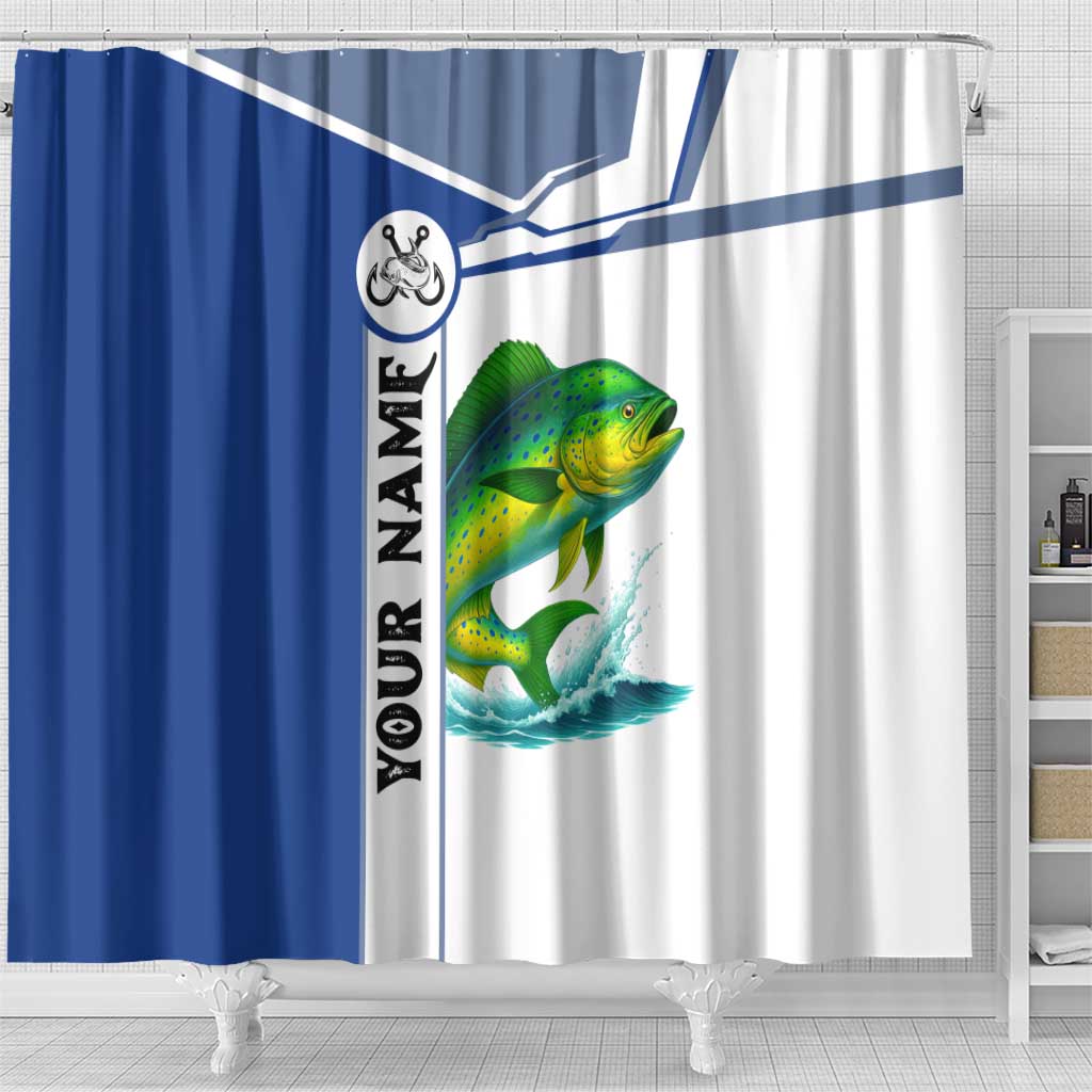 Mahi Mahi Fish Shower Curtain Nautical Anchors and Wave Splash on White and Blue Split Background - Wonder Print Shop