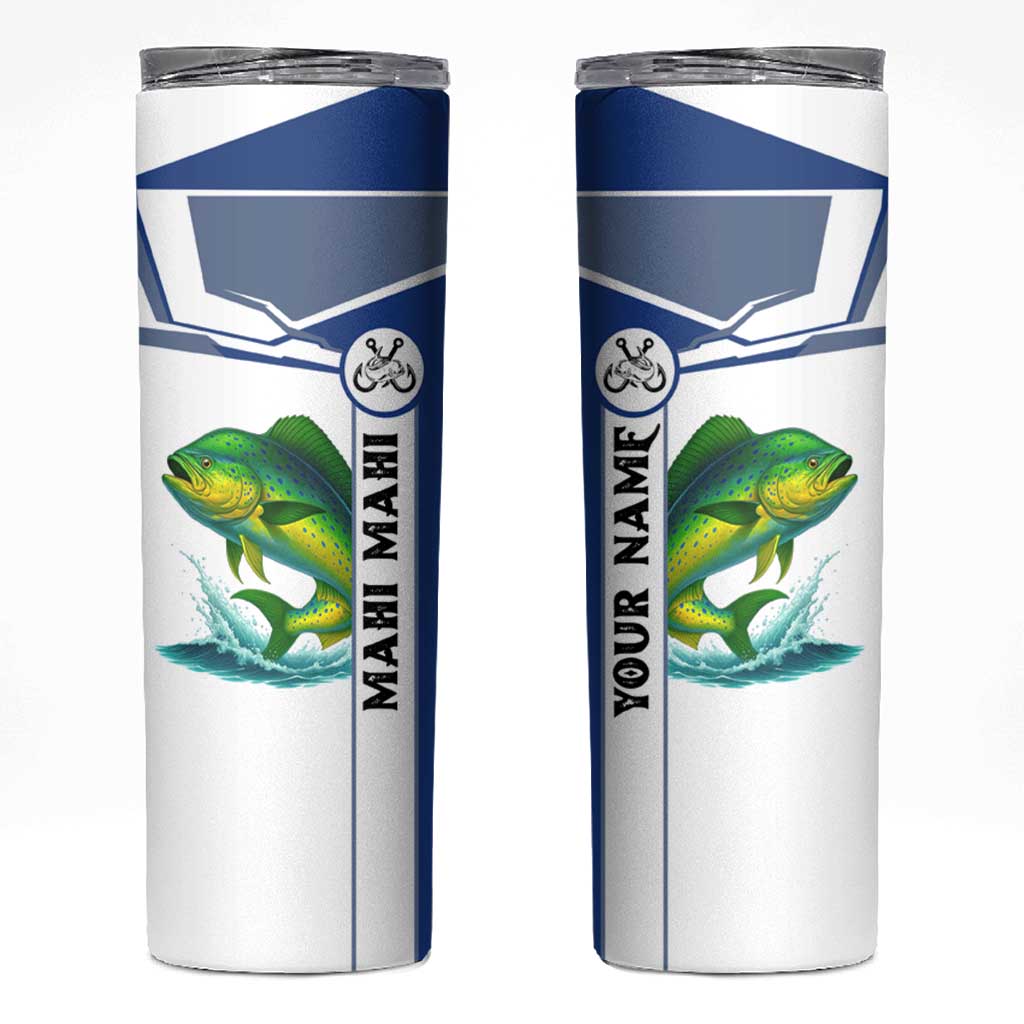 Mahi Mahi Fish Skinny Tumbler Nautical Anchors and Wave Splash on White and Blue Split Background - Wonder Print Shop